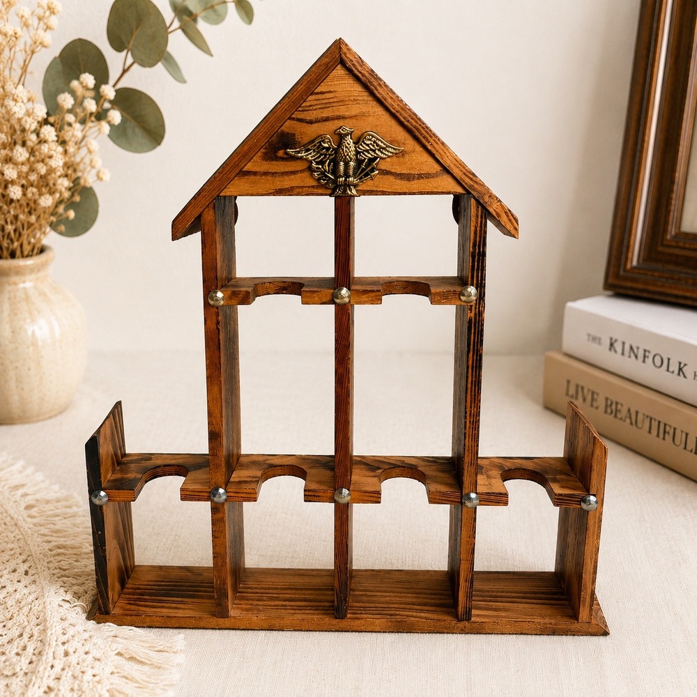 Vintage Wooden House Shape Trinket Shelf Kitschy Brass Eagle Americana Rustic